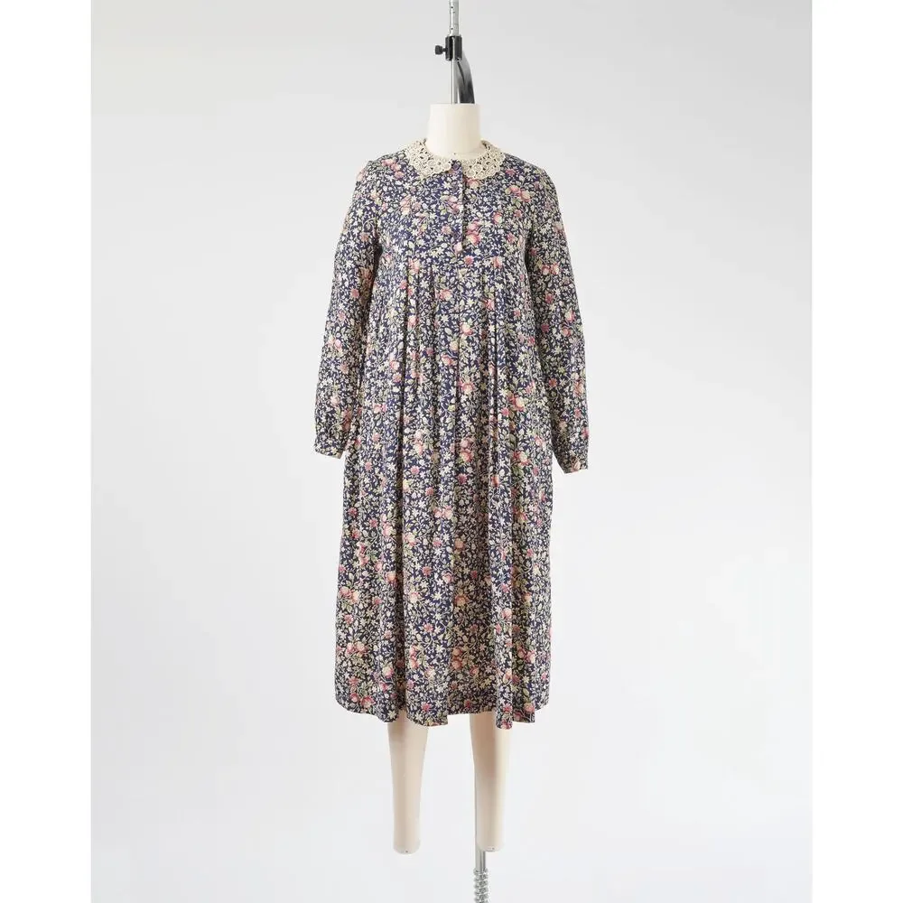 Vintage 70s Floral Babydoll Peter Pan Lace Collared Midi Dress with Pockets S - Picture 2 of 10